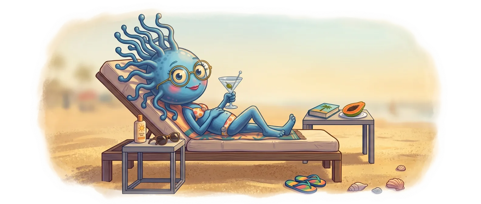 Latent Neurons mascot relaxing on a sun lounger